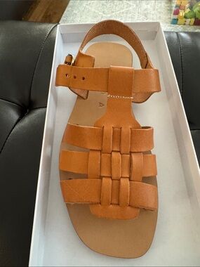 Women's Tan Leather Woven T-Strap Sandals